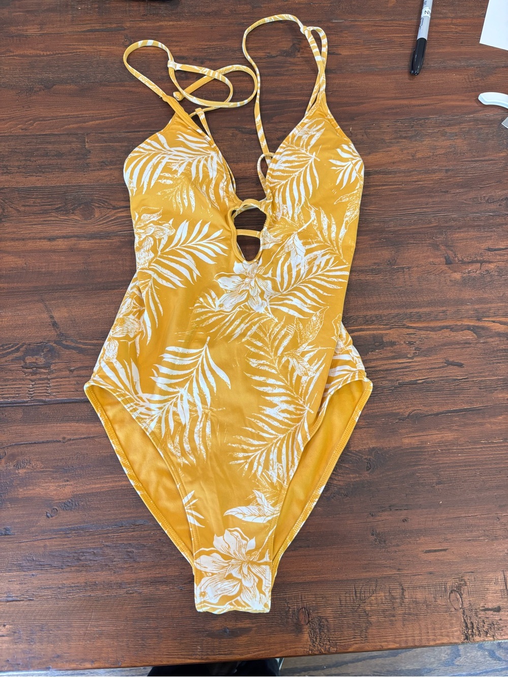 ROXY, Mustard Yellow Tropical One-Piece Swimsuit, Size Small